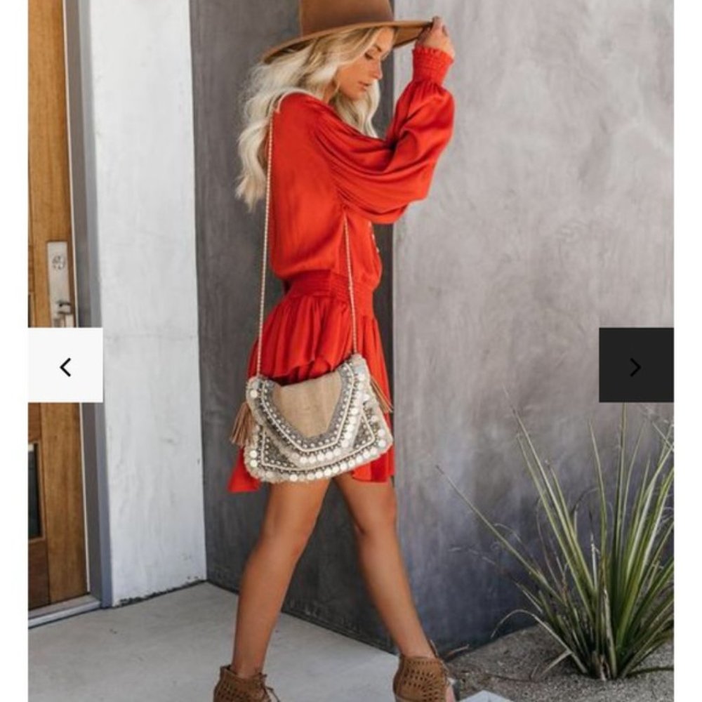 Vici Sundown Smocked Tiered Long sleeve Dress Burnt Orange - Picture 5 of 8